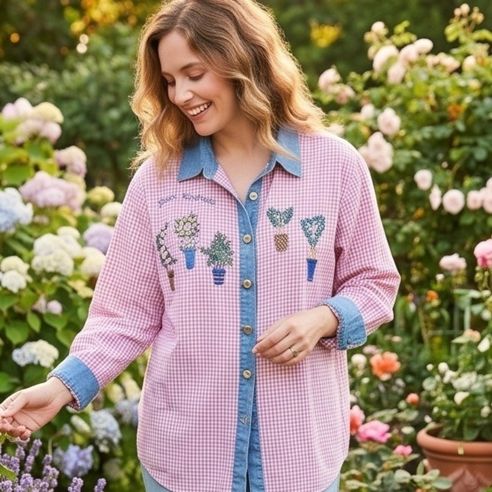 Quacker‎ Factory 1X Vintage Pink Gingham Embroidered Plant Kindness Button Shirt